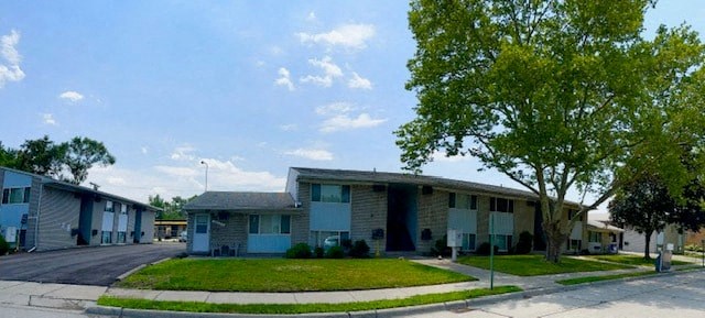 A tree in front of a building with a blue sky in the background.