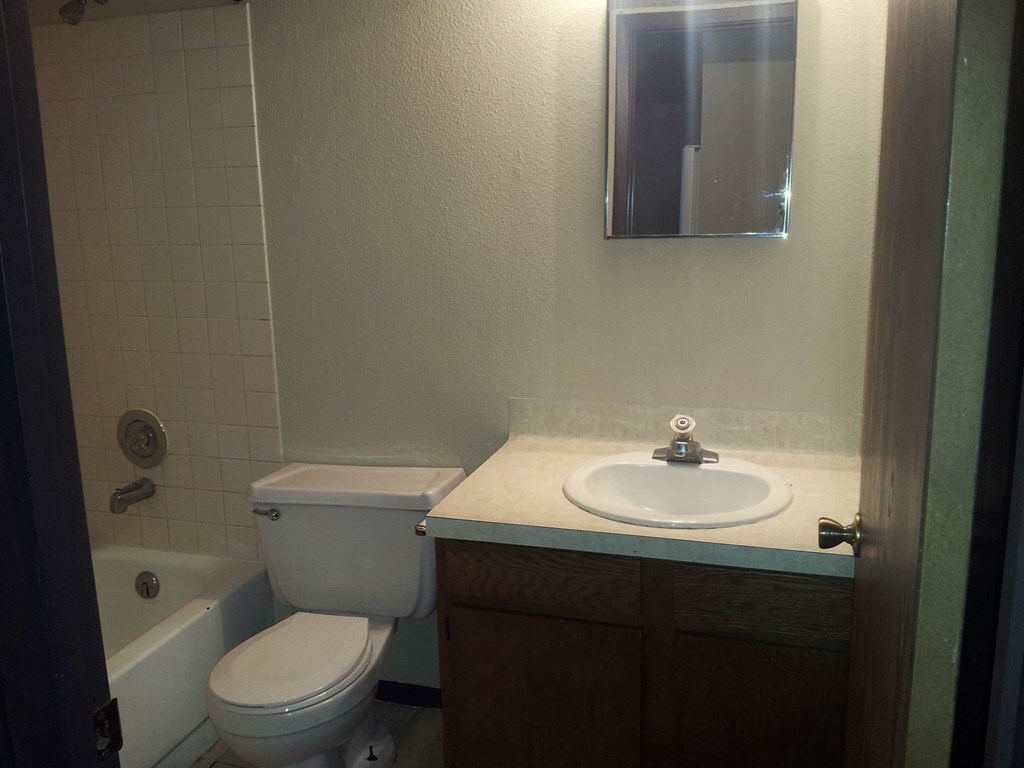 an empty bathroom with a sink toilet and bath tub