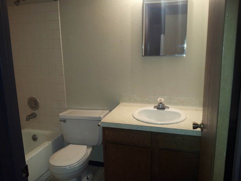 A white toilet sits next to a white sink in a small bathroom.