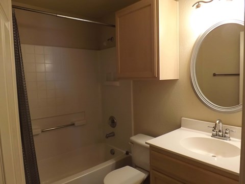 A bathroom with a toilet, sink, and shower.