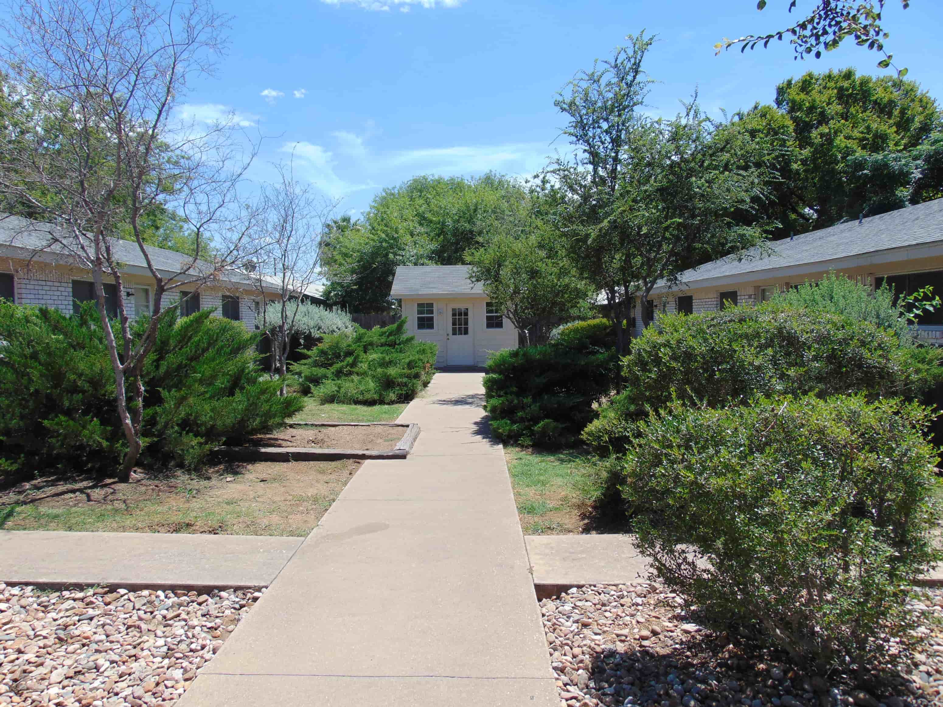 a sidewalk in front of a house with bushes and trees