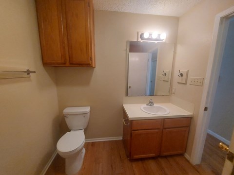 A bathroom with a toilet, sink and mirror.