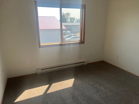A room with a window and a radiator on the wall.