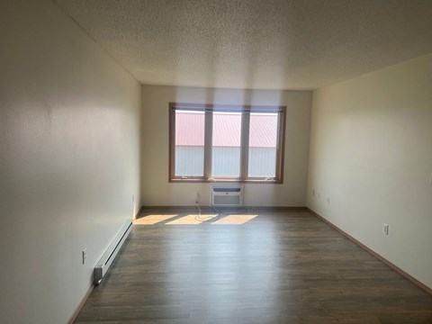 A room with wooden floors and a window with blinds.