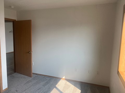 A room with a wooden door and carpeted floor.