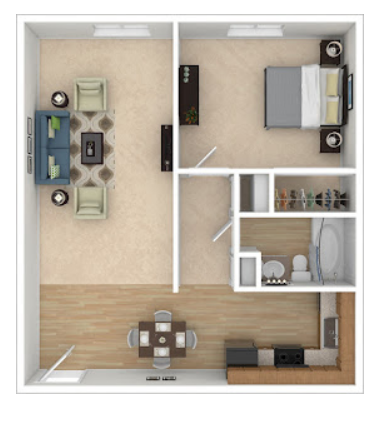 a stylized floor plan with a bedroom and a bathroom