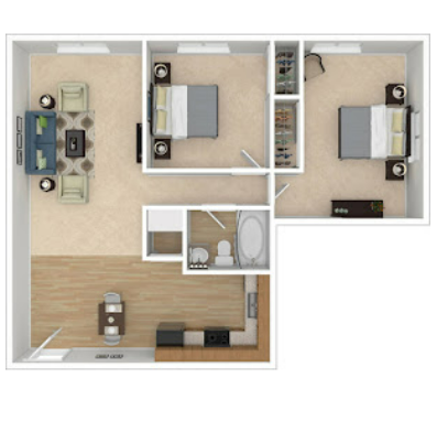 a stylized floor plan with a bedroom and a living room