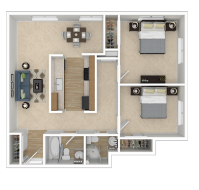 a 2 bedroom floor plan with a bathroom and a living room