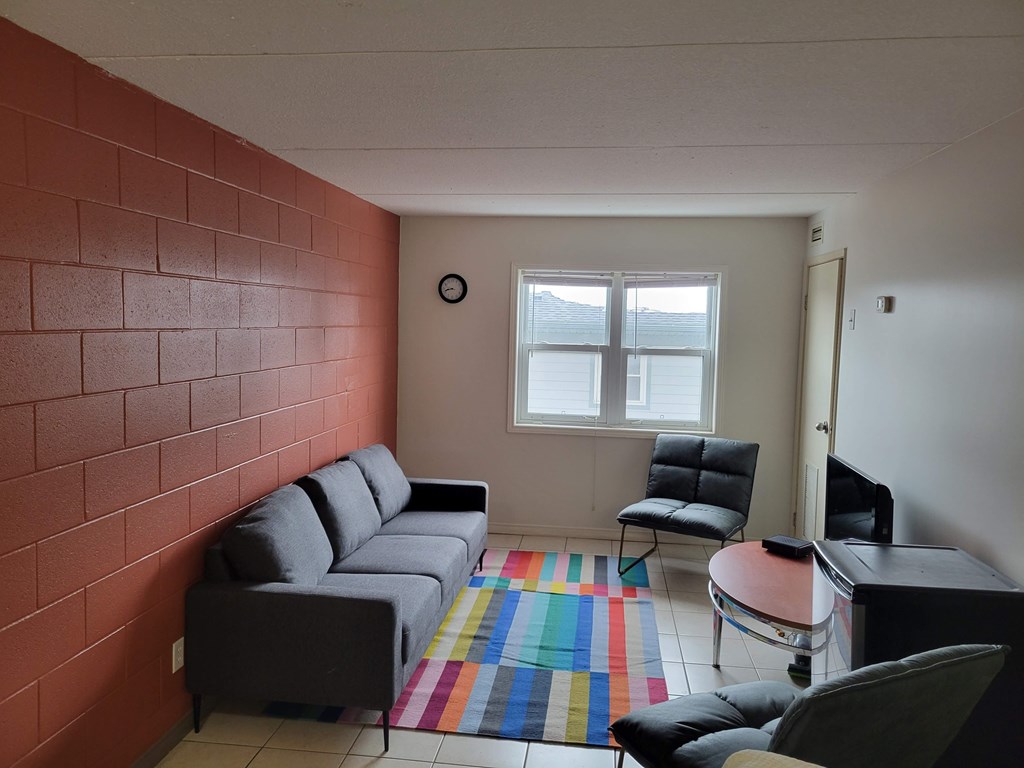 A living room with a grey couch, a black chair, a small table, and a colorful rug.