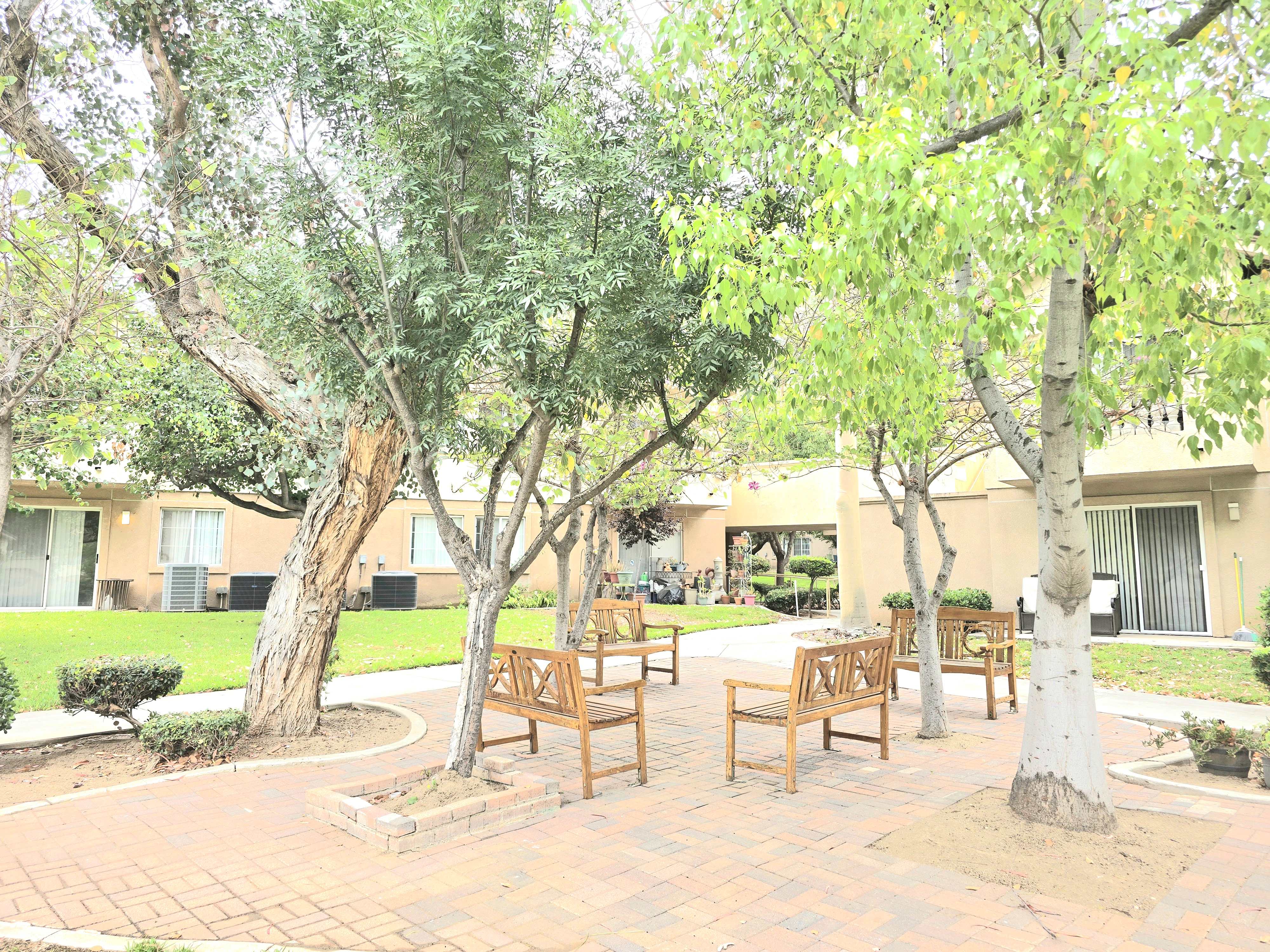 A courtyard with a table and chairs surrounded by trees.