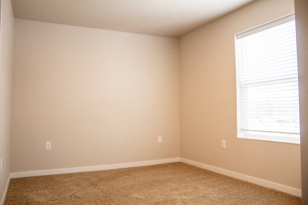 an empty room with a window and carpet