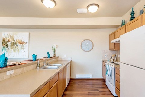 a kitchen with a white refrigerator and a sink