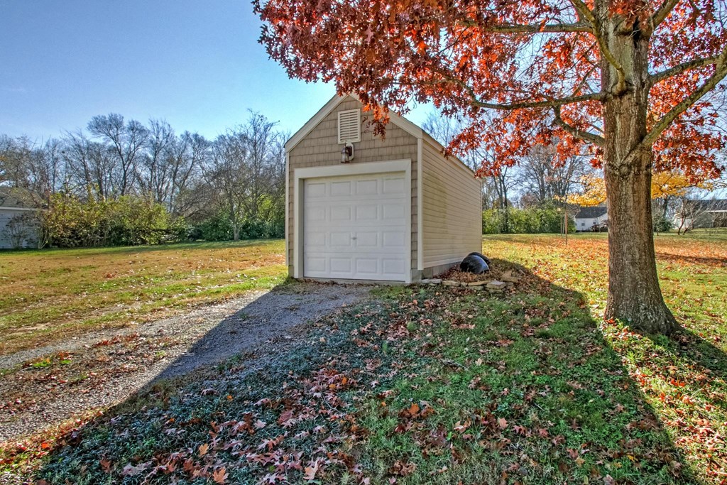 a garage with a white door in front of a tree