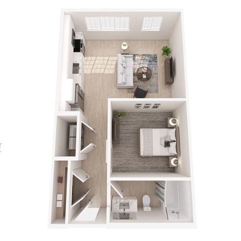 a stylized floor plan with a bedroom and a living room