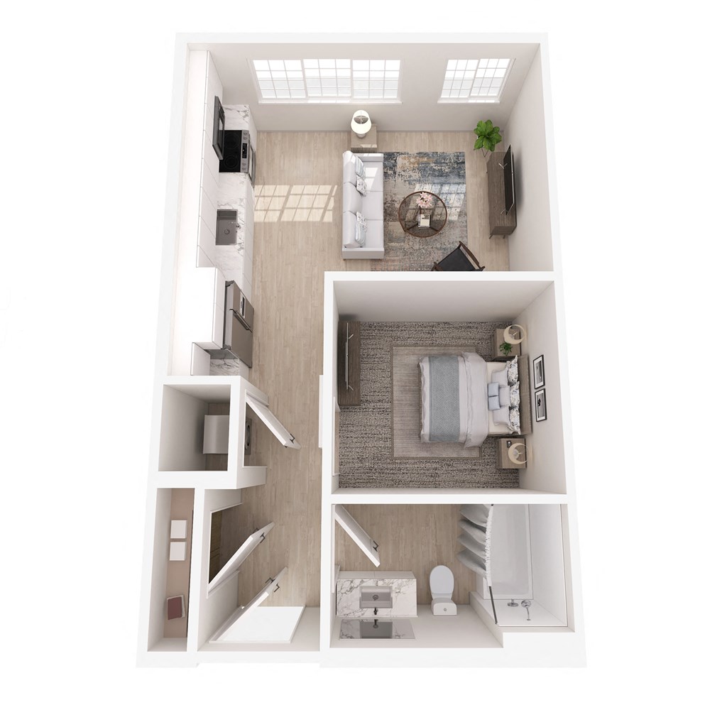 a stylized floor plan with a bedroom and a living room