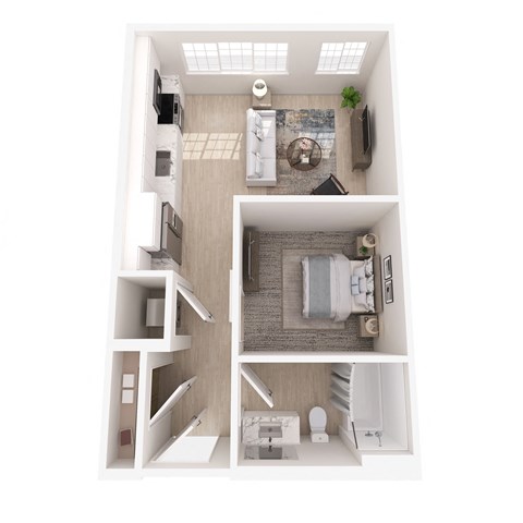 a stylized floor plan with a bedroom and a living room