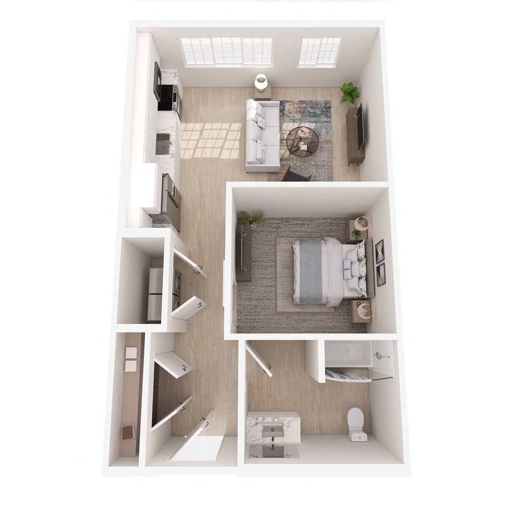 a floor plan of a bedroom with a bathroom and a living room