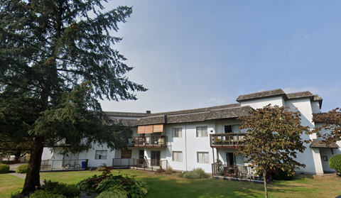 A white building with a tree in front of it.