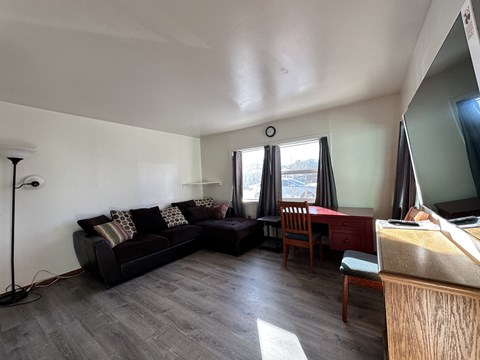 A living room with a couch, chair, and desk.