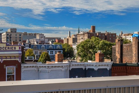 A cityscape with buildings of various heights and a clear sky.