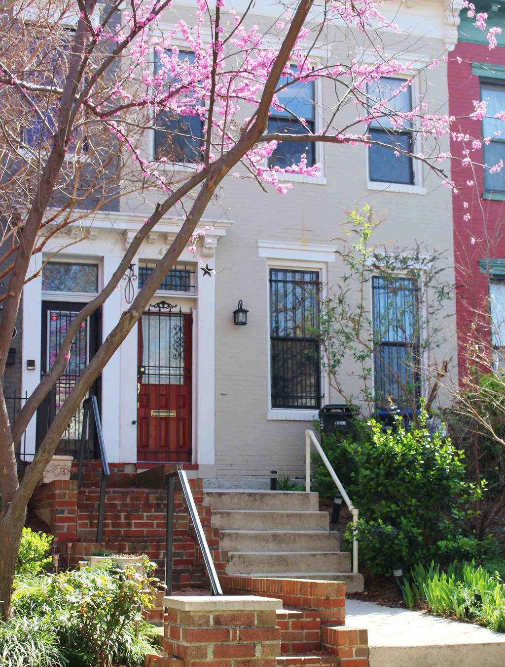 A house with a red door and a tree with pink flowers in front.