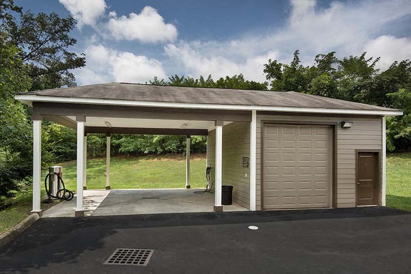 a small parking garage with a garage door