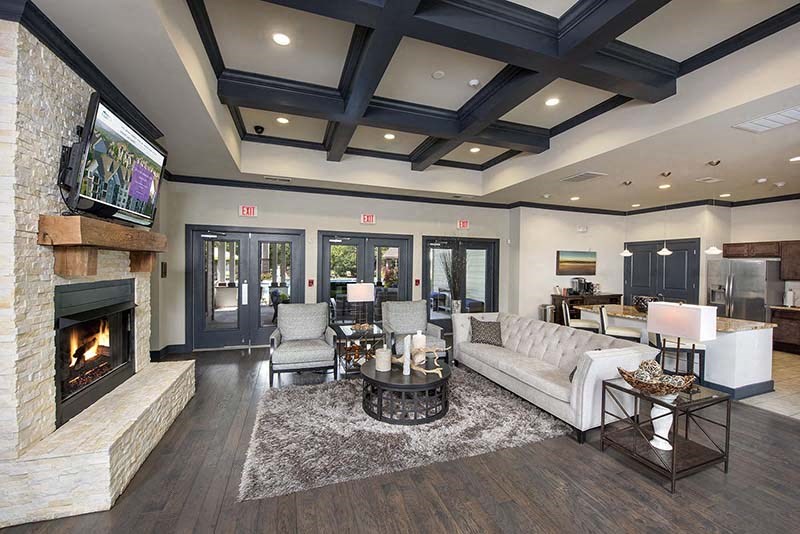 a living room with a fireplace and a couch
