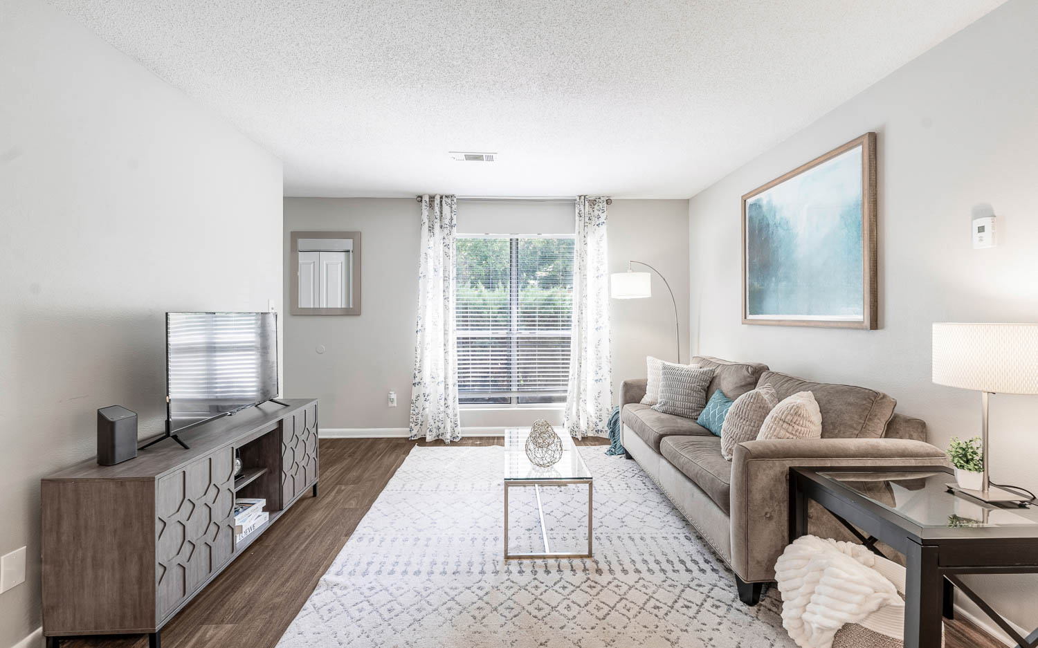 A living room with a grey couch, a coffee table, and a television.