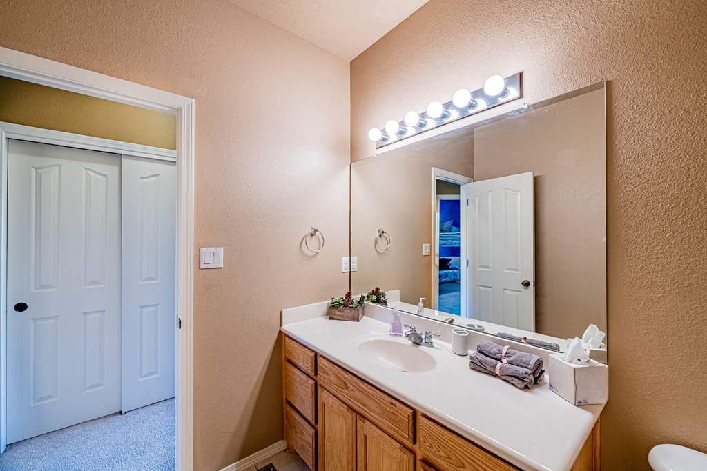 a bathroom with a sink and a mirror
