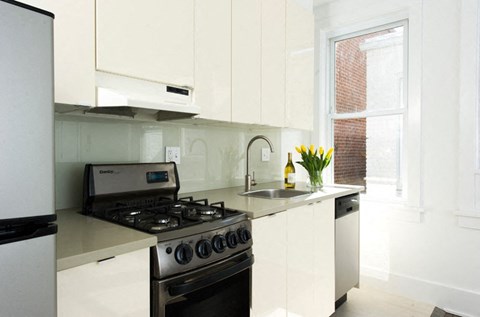 a white kitchen with a stove and a sink