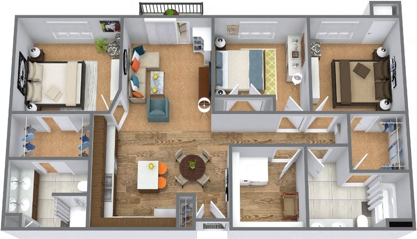 3 BR 2 BA - 3D Floor Plan at Rivers Edge Apartments, Otsego, MN, 55330