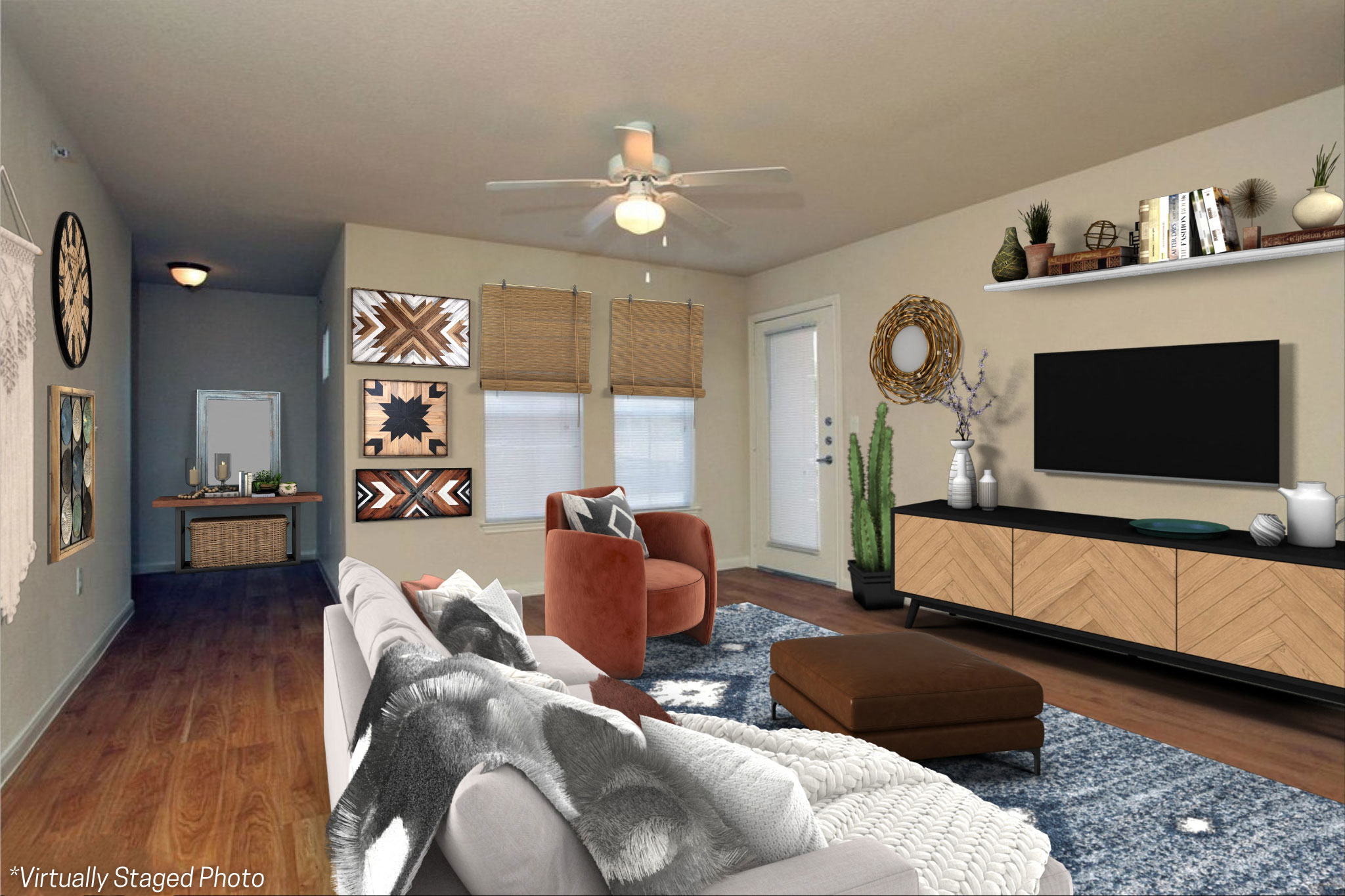 a living room with a couch and a tv