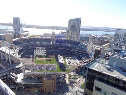 a view of the stadium from the roof of a building