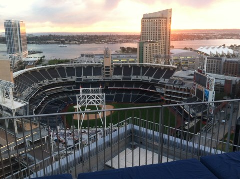 a view of the stadium from the roof of a building