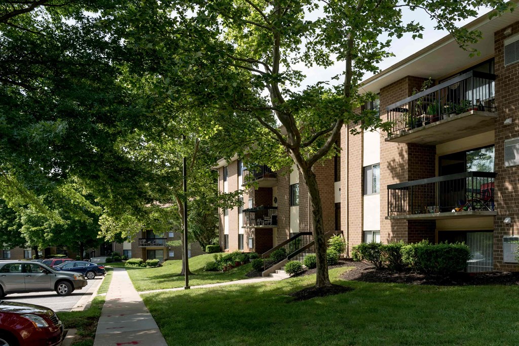 A tree in front of a building with a balcony.