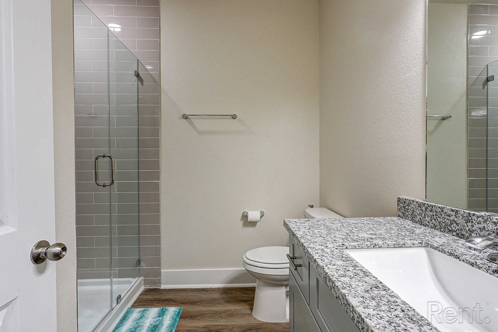 a bathroom with a toilet and a shower and a sink