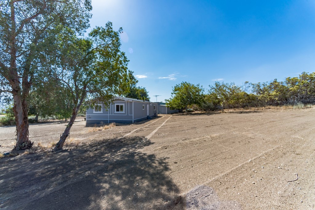 a blue mobile home sits in a dirt lot next to a tree