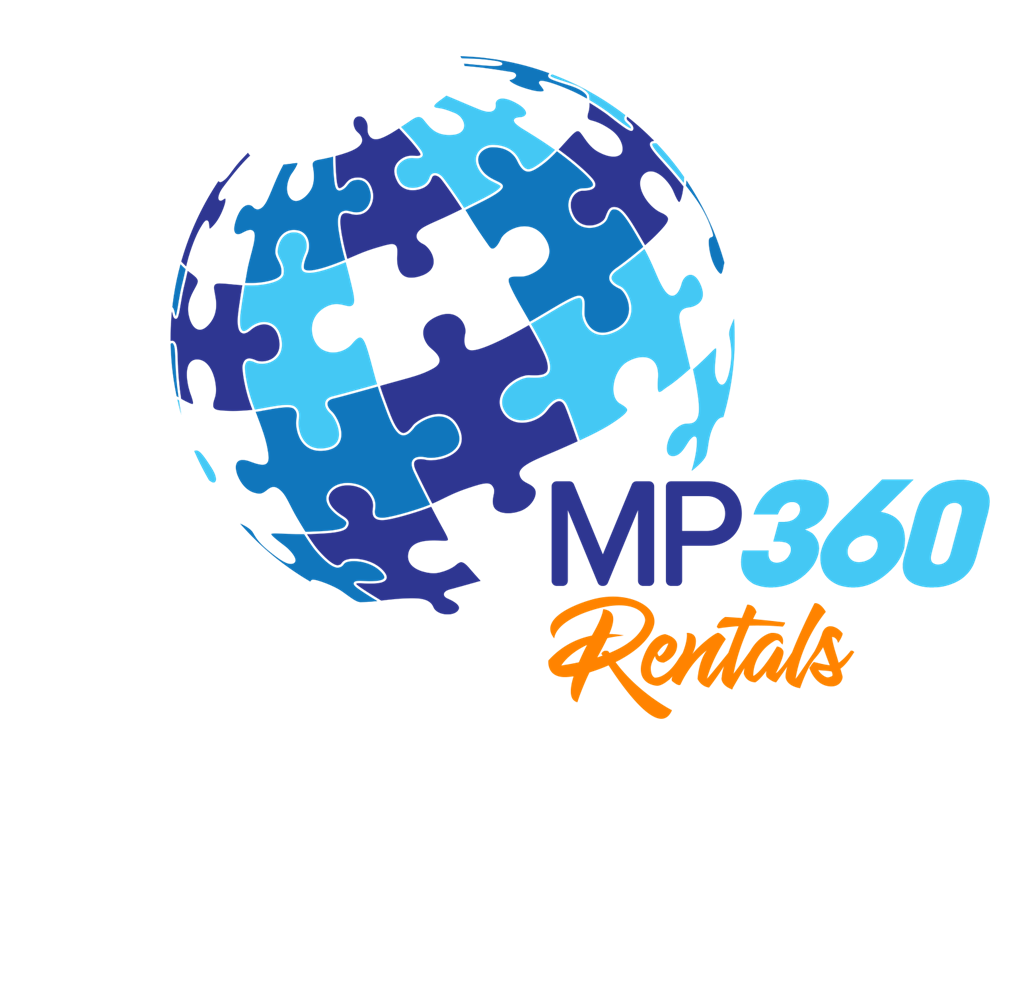 the logo for mpn 360 rentals with a sphere of puzzle pieces