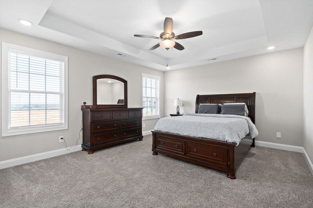 a bedroom with a bed and a ceiling fan