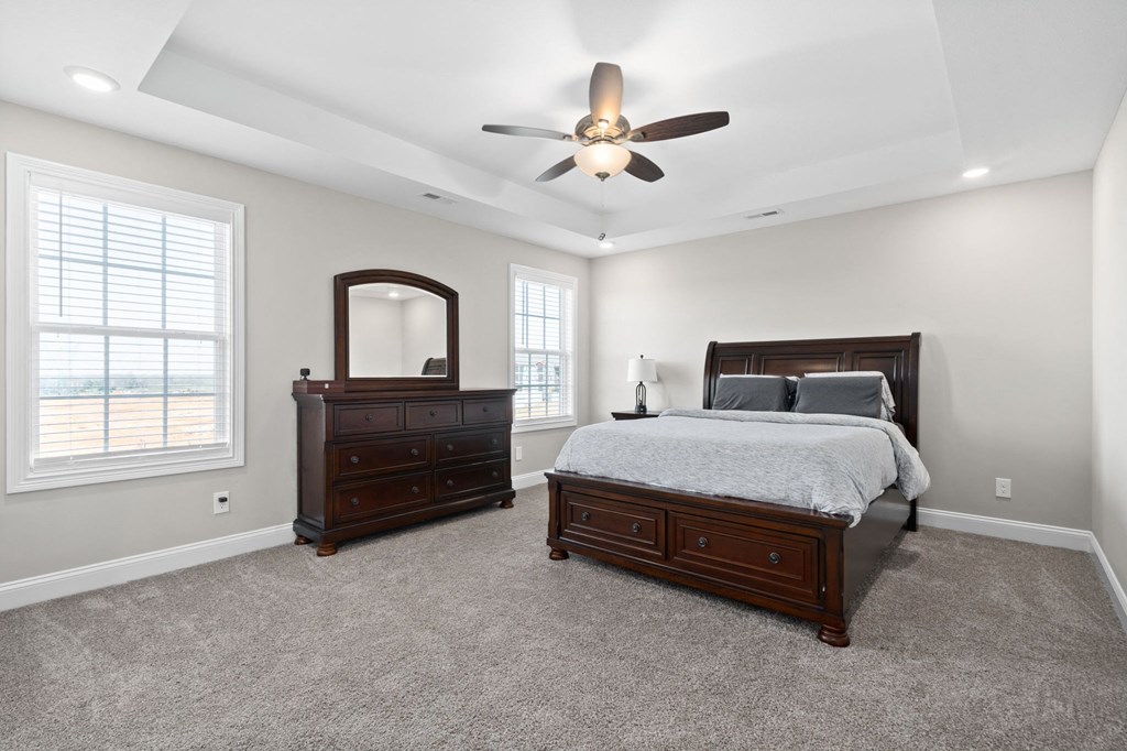 a bedroom with a bed and a ceiling fan