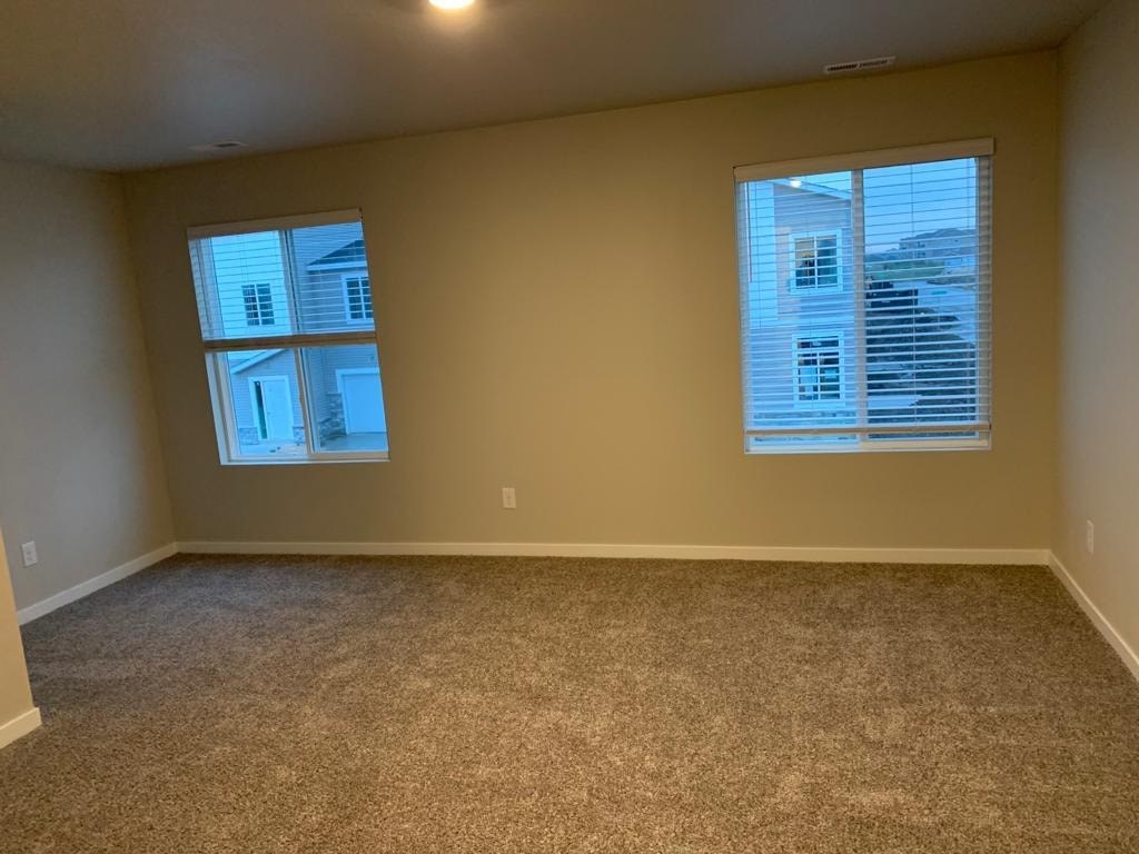 A room with carpet flooring and two windows.