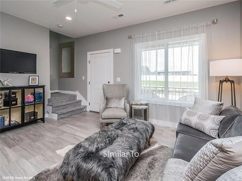 A living room with a grey couch and a grey rug.