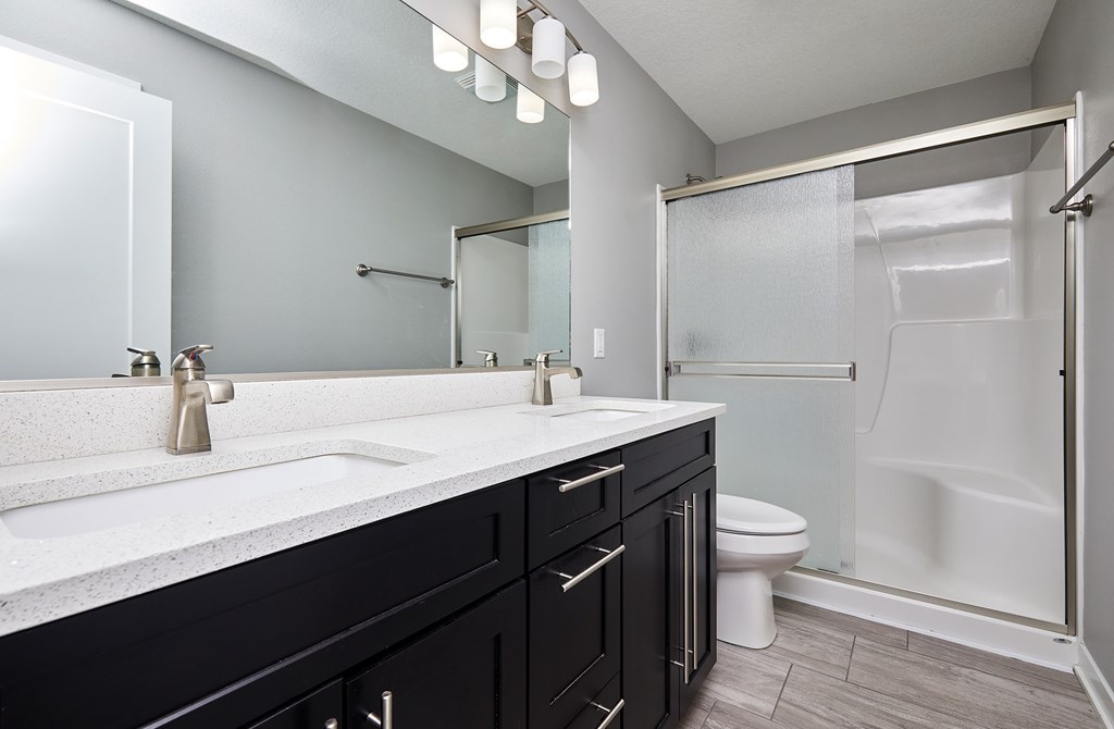 A bathroom with a white sink and black cabinets.
