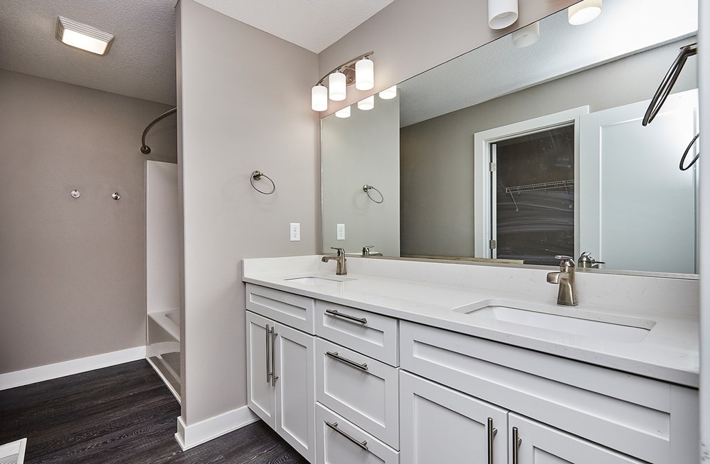 A bathroom with a vanity and a mirror.
