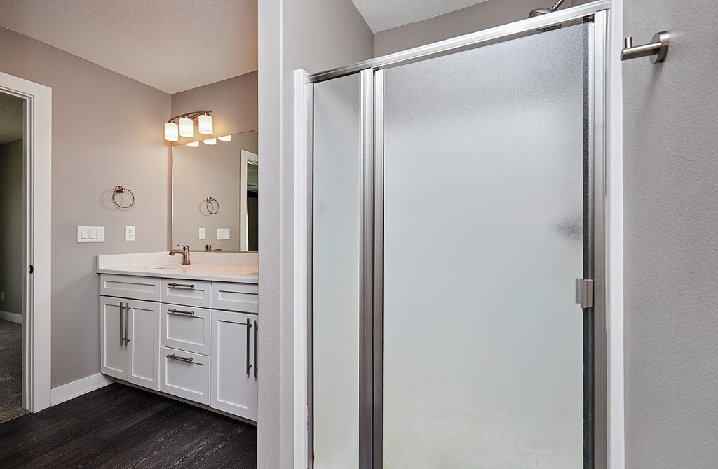 A bathroom with a white vanity and a glass shower door.
