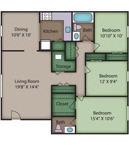Oak Floor Plan at Ridgewood Club Apartments, Virginia, 23452