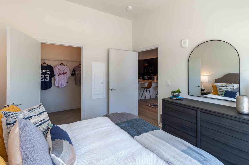 A bedroom with a bed, a dresser, and a mirror.