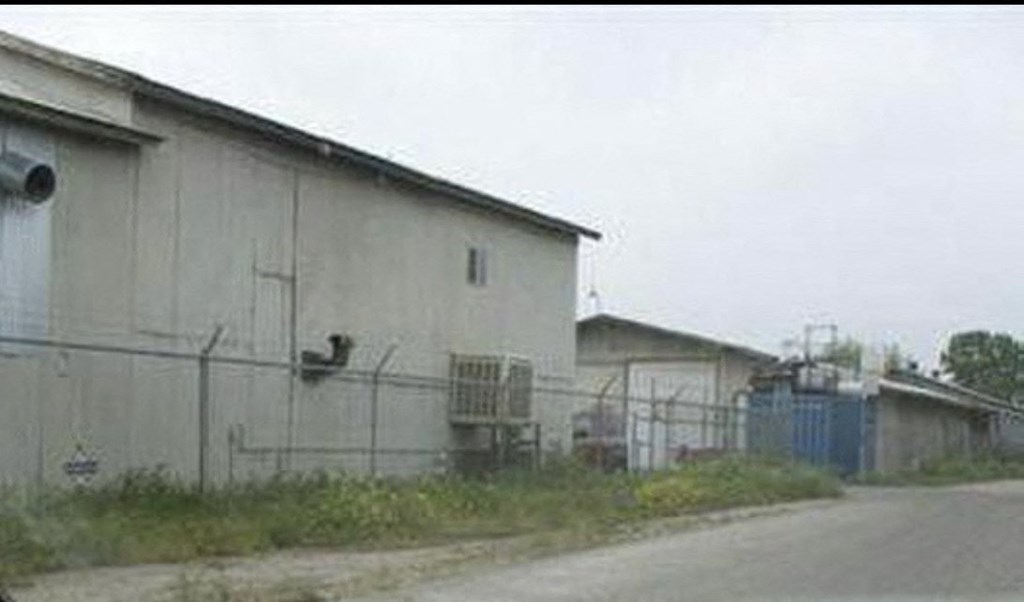 a white building with a chicken on the fence