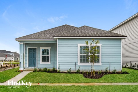 a blue house with a small tree in the front yard
