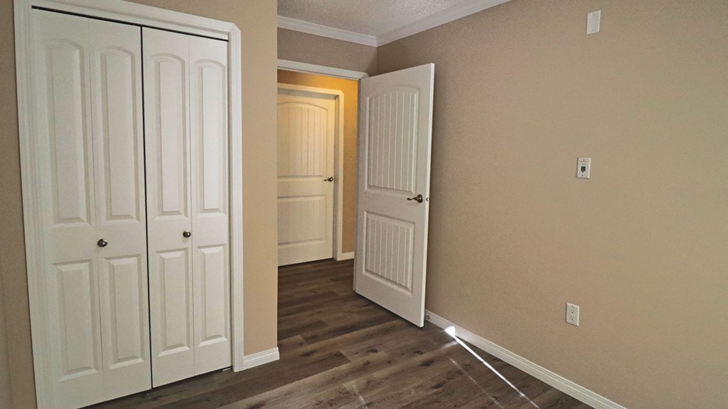 a bedroom with two closets and a door to a hallway